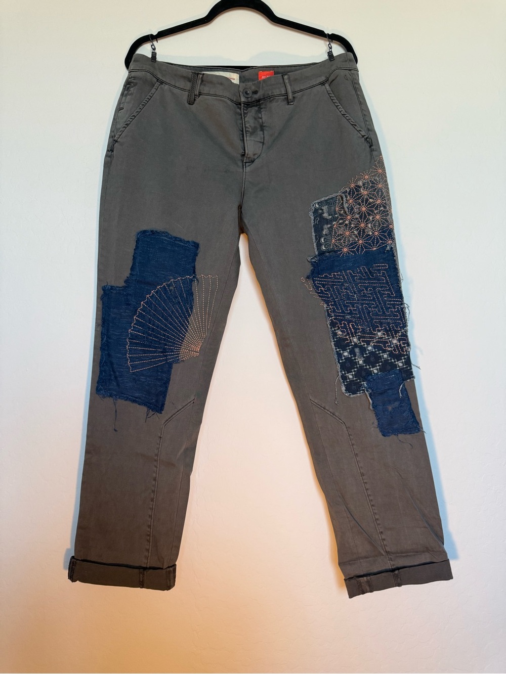 Pilcro and the Letterpress Gray Cropped Pants with Blue Patchwork